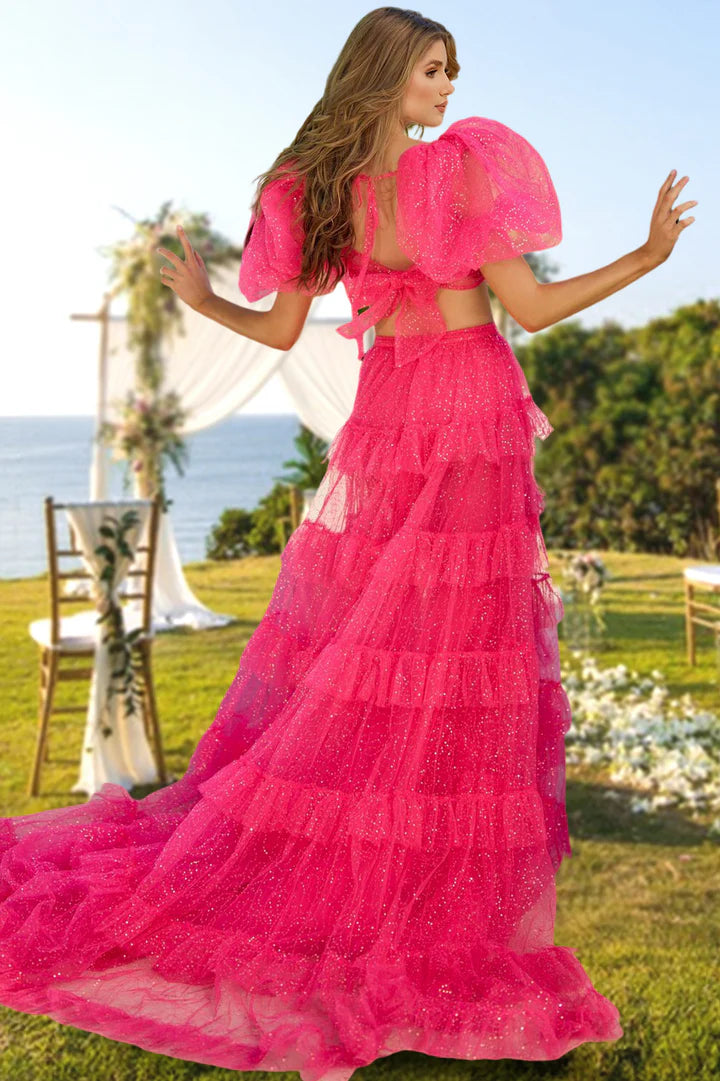 A-Line/Princess Tulle Two-Pieces Long Prom Gowns Evening Party Dress With Sequins & Split Side