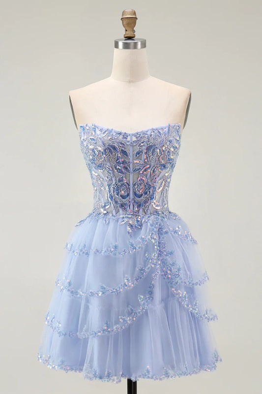 Fashion Short Dress Sparkly Lavender A Line Strapless Beading Sleeveless Sequin Layering Backless Bargain Homecoming Dress