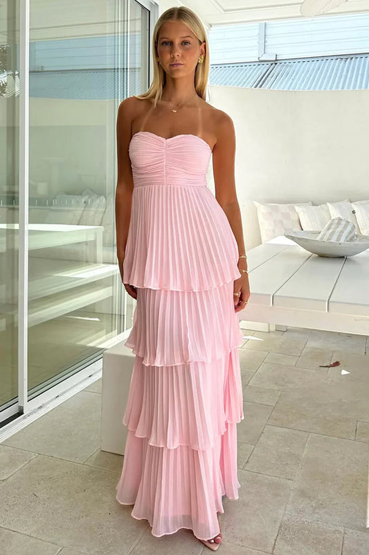 Chic Pink A Line Strapless Sweetheart Sleeveless with Layered Ruffles Backless Hot Sale Long Prom Dress
