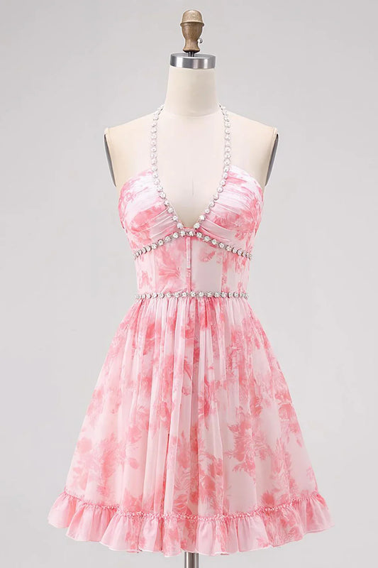 Cute Short Dress Sparkly Pink A Line Halter Sleeveless Printing Rhinestone Backless Bargain Homecoming Dress