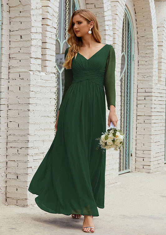 Elegant Wedding Guest Dresses Dark Green Chiffon Simple A-line V Neck Long Sleeve With Pleated Ankle-Length Hot Sale Mother of the Bride Dress