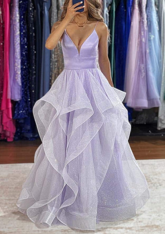Light Purple Glitter Tulle A-line Spaghetti Strap V Neck Sleeveless Backless with Tiers Ruffles Hot Sale Long Prom Dress