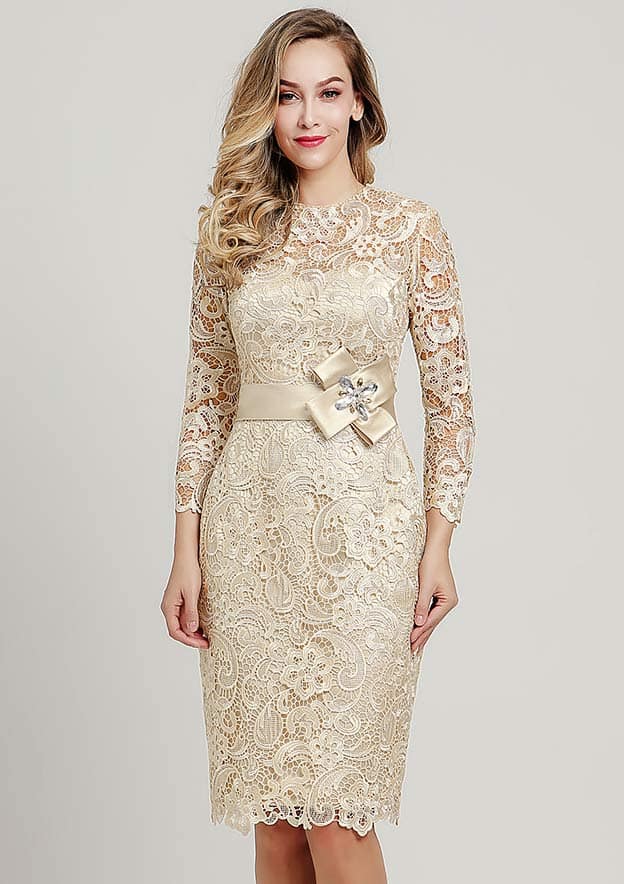 Wedding Guest Dresses Champagne Lace Vintage Elegant Sheath/Column Scoop Neck 3/4 Sleeve With Waistband Rhinestones Knee-Length Hot Sale Mother of the Bride Dress
