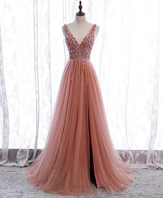 Vestidos de fiesta de corte A, rosa empolvado, largos, con lentejuelas, corpiño brillante, escote en V, vestido formal 