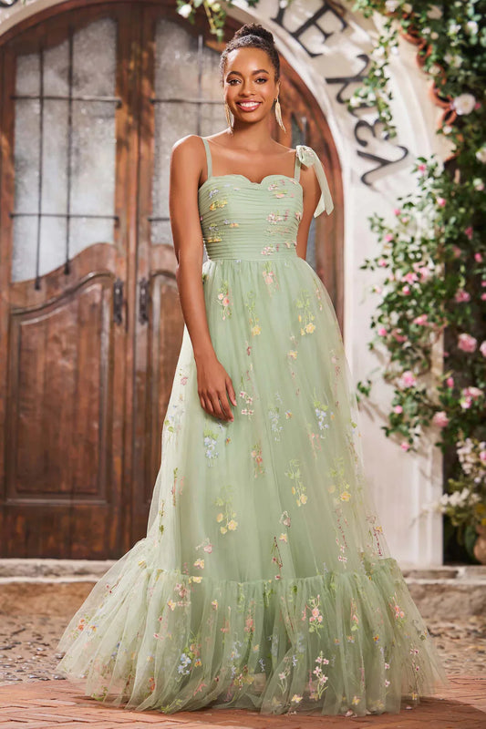 Exquisite Applique Dusty Sage A Line Spaghetti Strap Sweetheart Neckline Pleated Sleeveless Backless Tulle Cheap Long Prom Dress