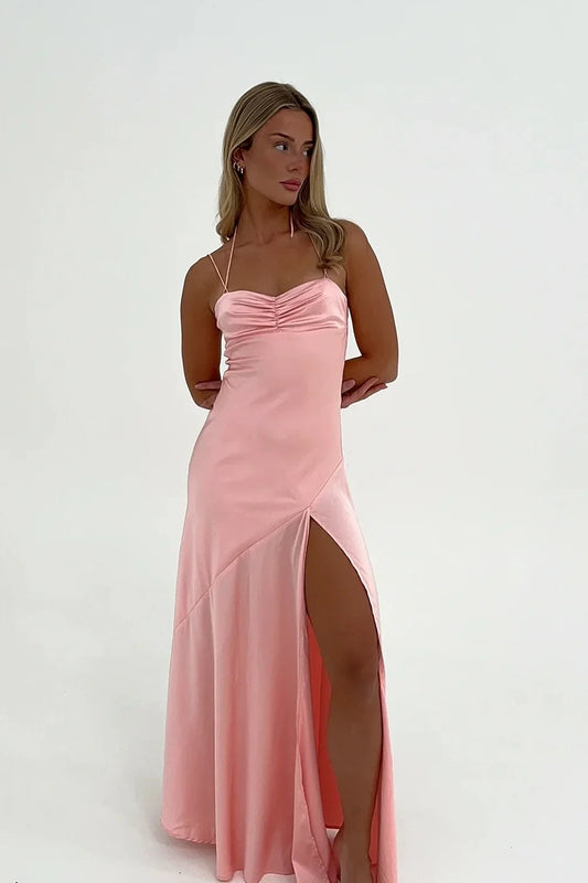 Fashion Simple Pink Sheath Spaghetti Straps Sweetheart Neckline Pleated Sleeveless Party Dress with Split Front Backless Cheap Long Prom Dress