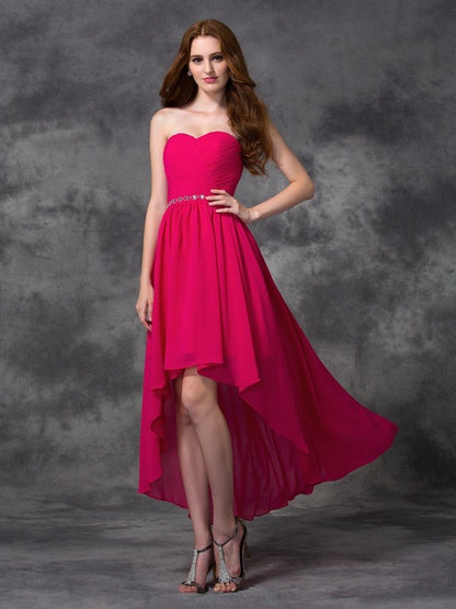 Vestidos de dama de honor de gasa de corte A/princesa, escote corazón, sin mangas, con pedrería y corte alto bajo