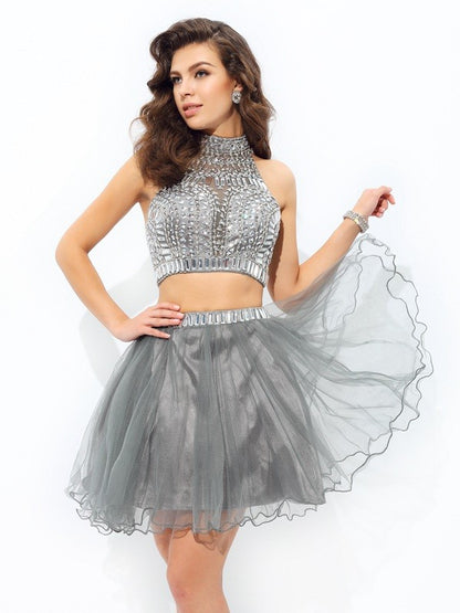 Vestido de dos piezas de corte A/princesa, cuello alto, volantes, sin mangas, corto de red