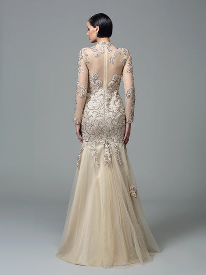 Vestidos largos de red con mangas largas y apliques de cuello alto y corte tubo/columna