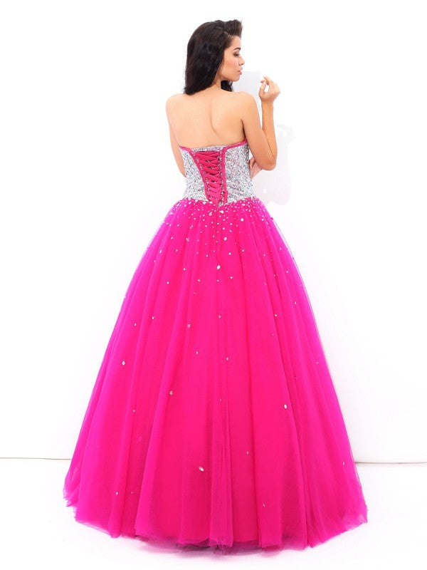 Ball Gown Beading Sweetheart Sleeveless Long Satin Quinceanera Dresses