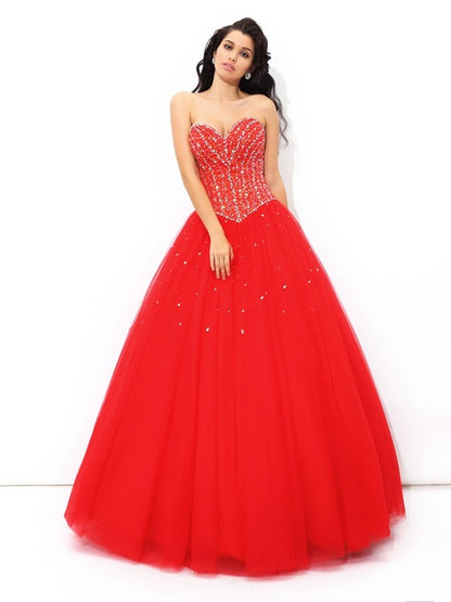 Vestidos de quinceañera largos de red sin mangas con escote en forma de corazón y cuentas