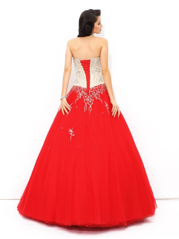 Ball Gown Sweetheart Beading Sleeveless Long Satin Quinceanera Dresses
