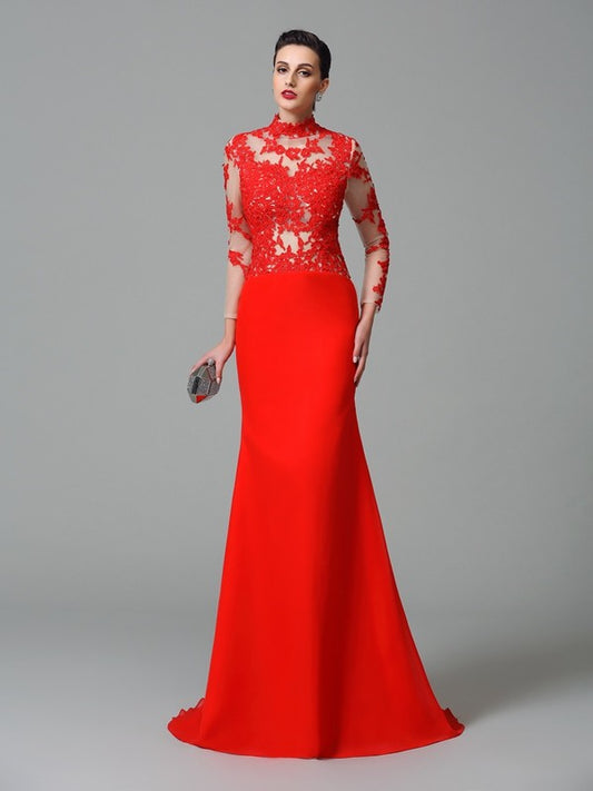 Vestidos largos de gasa con cuello alto, apliques y mangas largas de trompeta/sirena