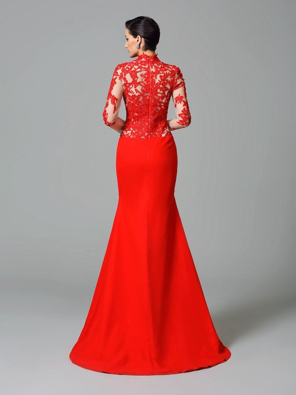 Vestidos largos de gasa con cuello alto, apliques y mangas largas de trompeta/sirena