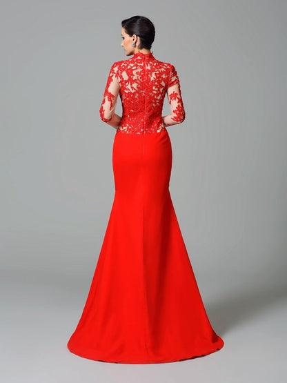 Vestidos largos de gasa con cuello alto, apliques y mangas largas de trompeta/sirena