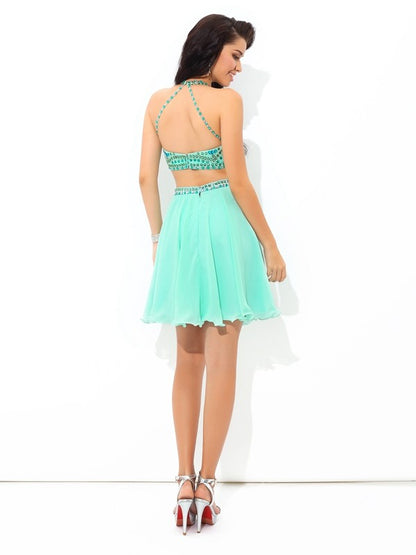 A-Line/Princess Sheer Neck Rhinestone Sleeveless Short Chiffon Two Piece Dresses