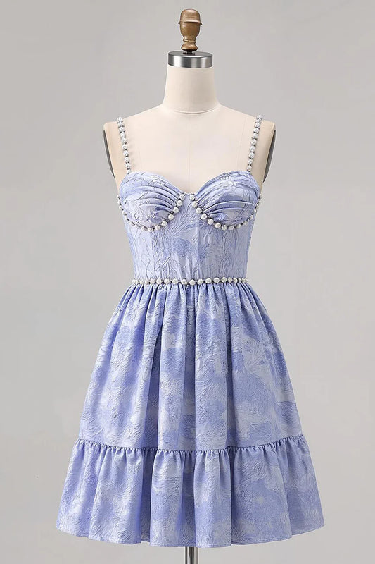 Exquisite Short Dress Sparkly Blue Jacquard A Line Sweetheart Neckline Spaghetti Strap with Pearls Sleeveless Backless Bargain Homecoming Dress