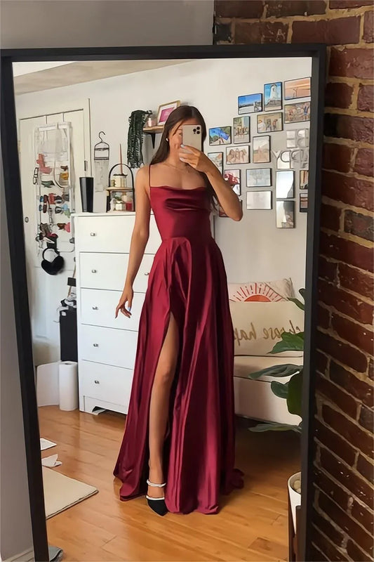 Elegant Burgundy A Line Spaghetti Straps Sleeveless Backless with Split Front Hot Sale Long Prom Dress