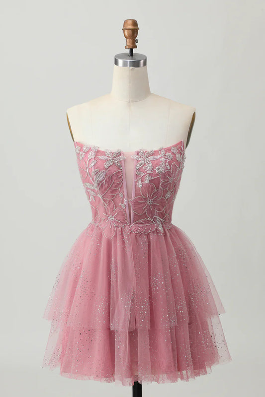 Gorgeous Short Dress Glitter Dusty Rose A Line Strapless Sleeveless Beading Flower Tulle Layered Ruffled Backless Bargain Homecoming Dress
