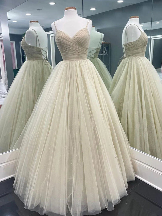 Amzcw Simple v neck champagne tulle long prom dress champagne evening dress formal wear dresses