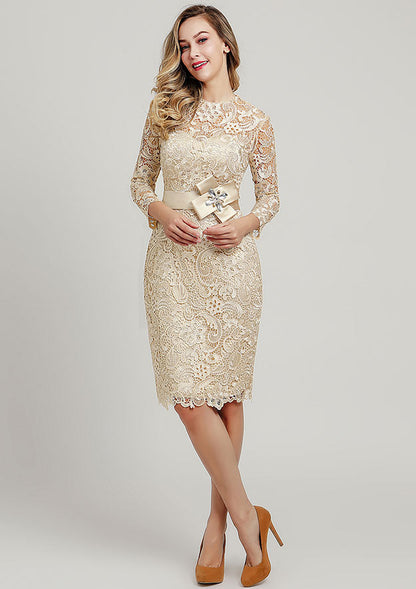 Wedding Guest Dresses Champagne Lace Vintage Elegant Sheath/Column Scoop Neck 3/4 Sleeve With Waistband Rhinestones Knee-Length Hot Sale Mother of the Bride Dress