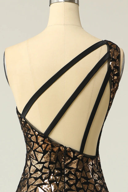 Vestido de fiesta de sirena con un solo hombro y lentejuelas doradas oscuras