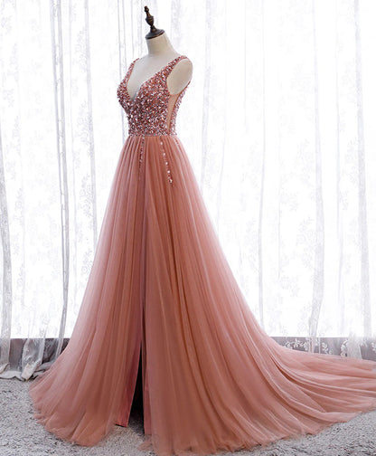 Vestidos de fiesta de corte A, rosa empolvado, largos, con lentejuelas, corpiño brillante, escote en V, vestido formal 
