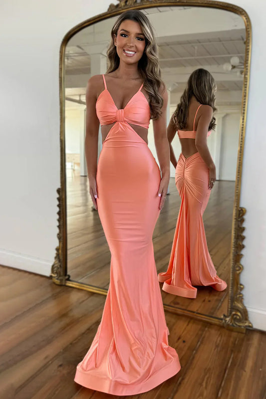 Pink Satin Stylish Mermaid Spaghetti Straps Deep V Neck Sleeveless Pleated Backless Hot Sale Long Prom Dress