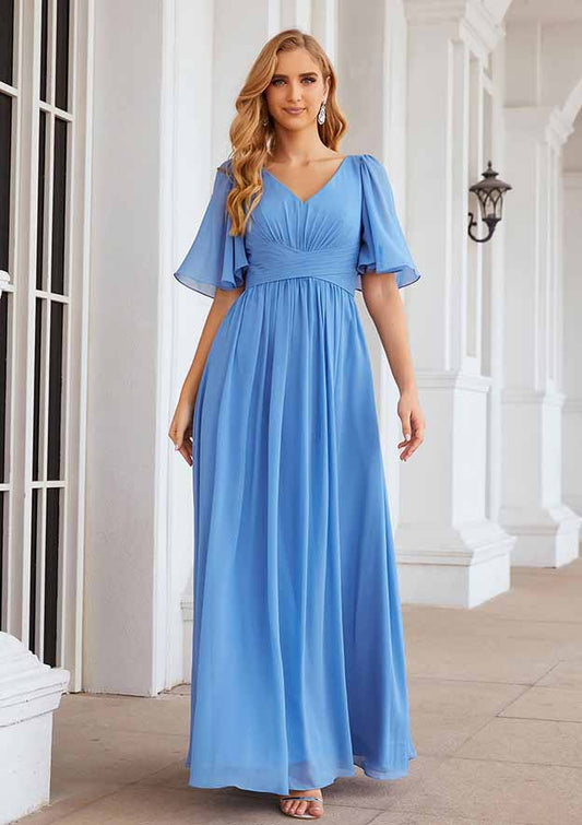 Elegant Simple Wedding Guest Dresses Nice Blue Chiffon A-line V Neck Flutter Short Sleeve Pleated Floor Length Hot Sale Mother of the Bride Dress