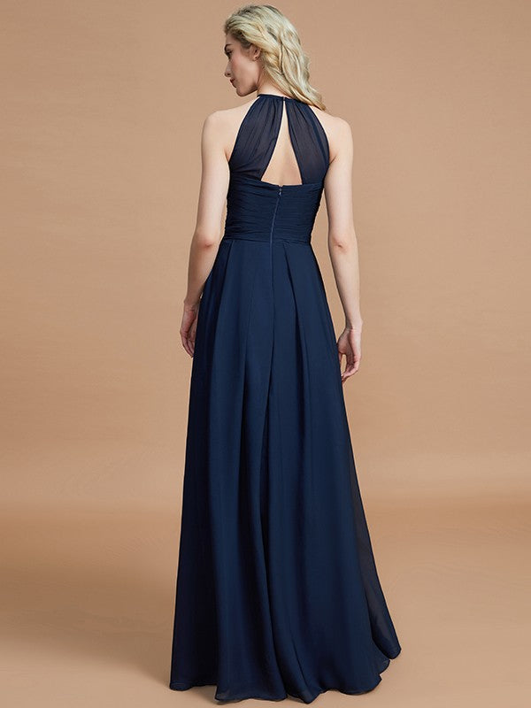 Vestidos de dama de honor de gasa con corte A/princesa, sin mangas, fruncidos y hasta el suelo