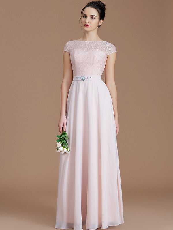 Vestidos de dama de honor de gasa con corte A/princesa, sin mangas, con encaje y largo hasta el suelo