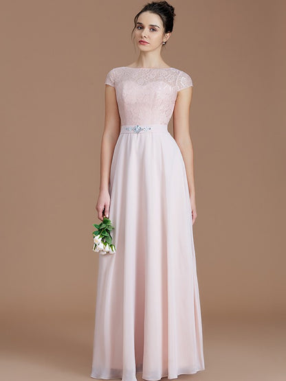 Vestidos de dama de honor de gasa con corte A/princesa, sin mangas, con encaje y largo hasta el suelo