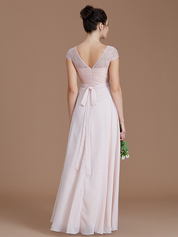 Vestidos de dama de honor de gasa con corte A/princesa, sin mangas, con encaje y largo hasta el suelo
