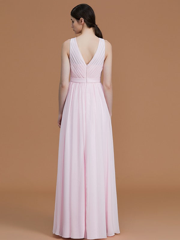 Vestidos de dama de honor de gasa fruncida, sin mangas, corte princesa, joya, largo hasta el suelo