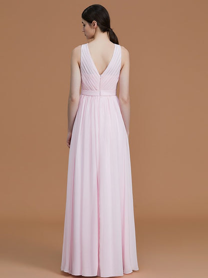 Vestidos de dama de honor de gasa fruncida, sin mangas, corte princesa, joya, largo hasta el suelo