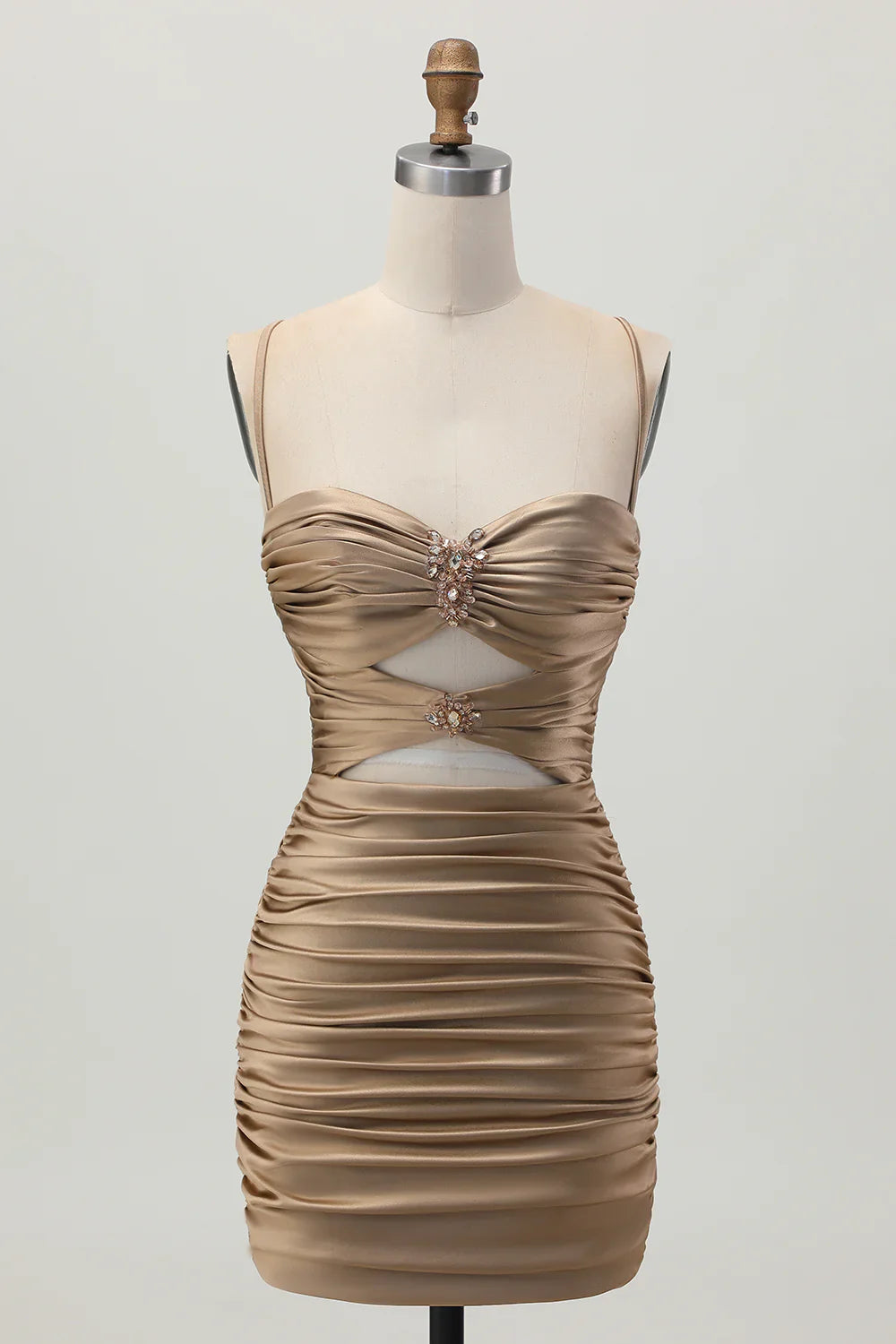 Fashion Short Dress Sparkly Dark Khaki Tight Spaghetti Strap Sweetheart Neckline Pleated Cut Out with Rhinestone Sleeveless Backless Hot Sale Homecoming Dress