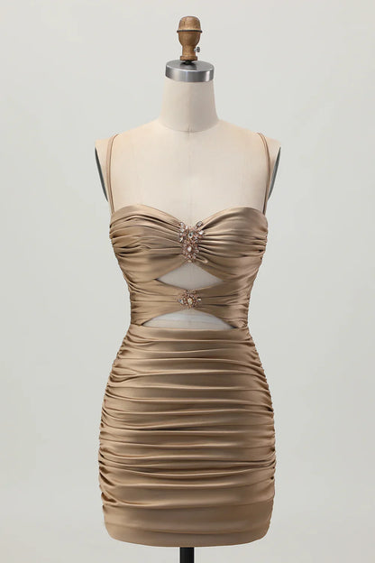 Fashion Short Dress Sparkly Dark Khaki Tight Spaghetti Strap Sweetheart Neckline Pleated Cut Out with Rhinestone Sleeveless Backless Hot Sale Homecoming Dress