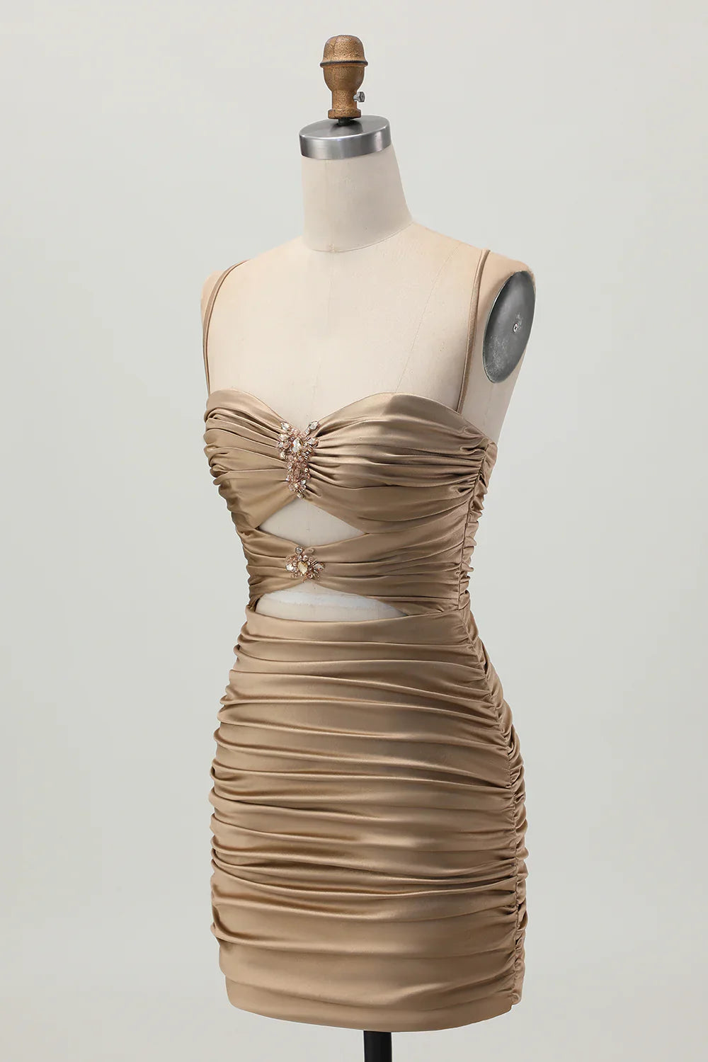 Fashion Short Dress Sparkly Dark Khaki Tight Spaghetti Strap Sweetheart Neckline Pleated Cut Out with Rhinestone Sleeveless Backless Hot Sale Homecoming Dress
