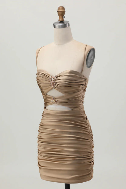 Fashion Short Dress Sparkly Dark Khaki Tight Spaghetti Strap Sweetheart Neckline Pleated Cut Out with Rhinestone Sleeveless Backless Hot Sale Homecoming Dress