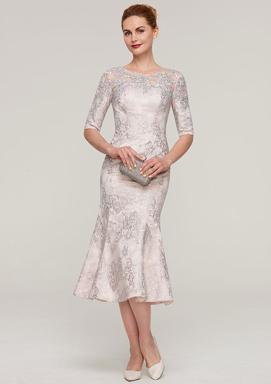 Charming Vintage Wedding Guest Dresses Mermaid Bateau Half Sleeve Lace With Appliqued Tea-Length Hot Sale Mother of the Bride Dress