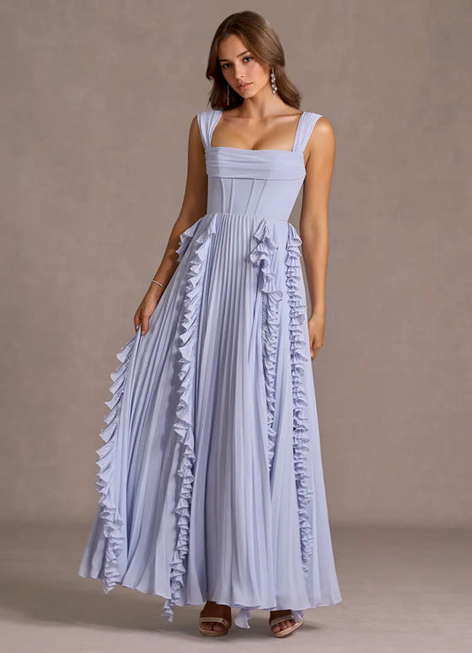 Square Neck Sleeveless Corset Bodice Ruffle Trim Pleated Chiffon Maxi Prom Dresses (Periwinkle Blue)