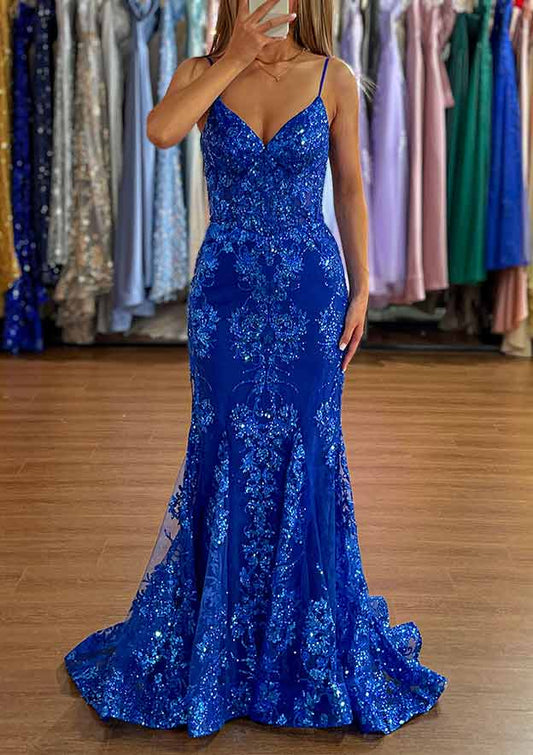 Royal Blue Fashion Glitter Tulle Mermaid V Neck Spaghetti Strap Sleeveless with Sequin Appliqued Backless Hot Sale Long Prom Dress