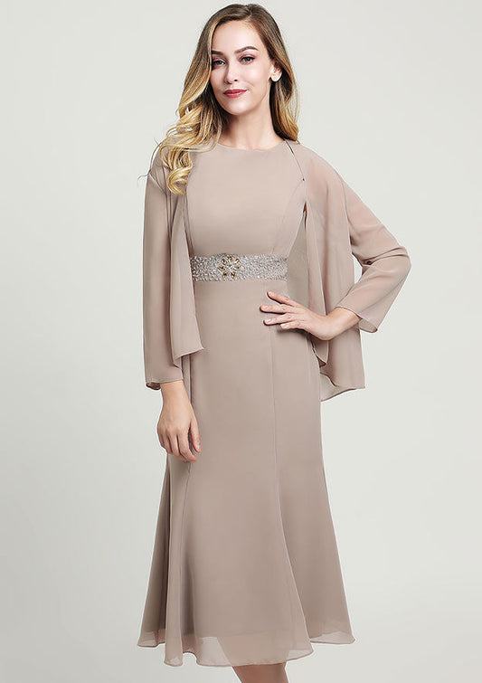 Elegant Wedding Guest Dresses Chiffon Mermaid Bateau Sleeveless Beading With Long Sleeves Jacket Two-Piece Tea-Length Hot Sale Mother of the Bride Dress