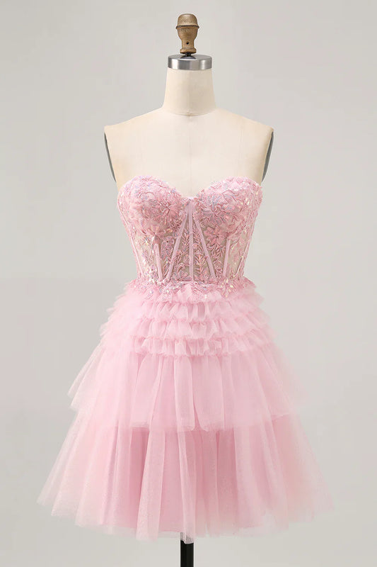 Chic Short Dress Sparkly Pink Tulle A Line Sweetheart Neckline Sleeveless with Sequin Lace Applique Layering Ruched Backless Hot Sale Homecoming Dress