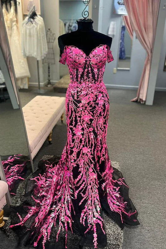 Vestidos de fiesta con hombros descubiertos, sirena, lentejuelas, faja y cola de barrido con abertura 