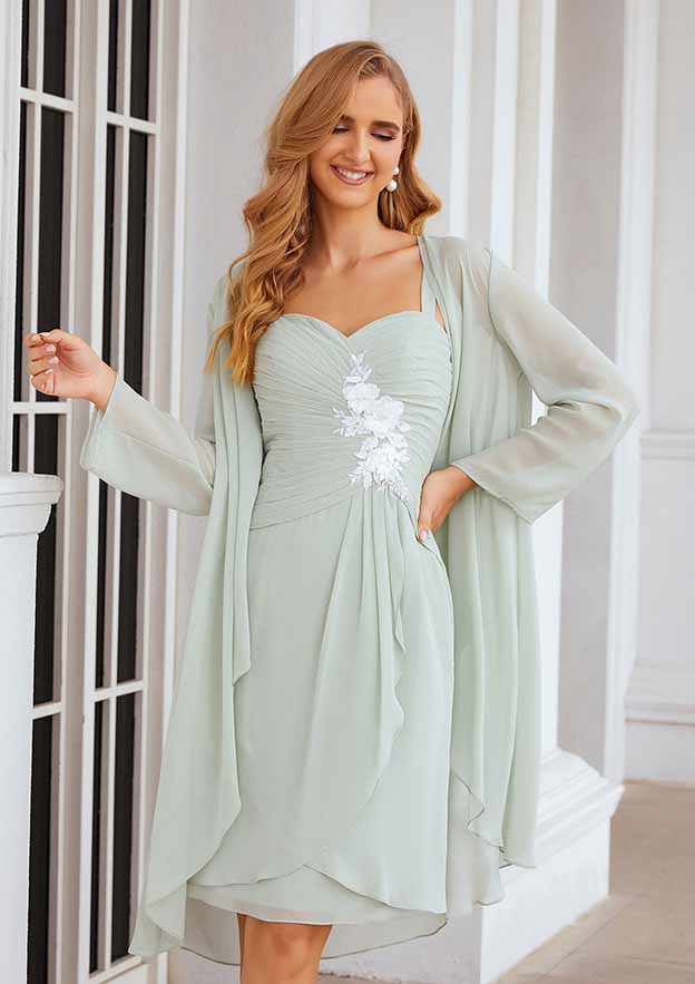 Exquisite Wedding Guest Dresses Mint Green Chiffon A-line Sweetheart Neckline Sleeveless Pleated With Three-Dimensional Flowers Long Sleeves Jacket Two-Piece Knee-Length Hot Sale Mother of the Bride Dress