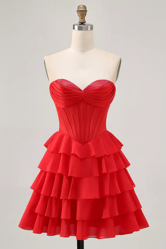 Exquisite Short Dress Sparkly Red A Line Strapless Sweetheart Neckline Sleeveless with Beading Layering Ruched Backless Hot Sale Homecoming Dress