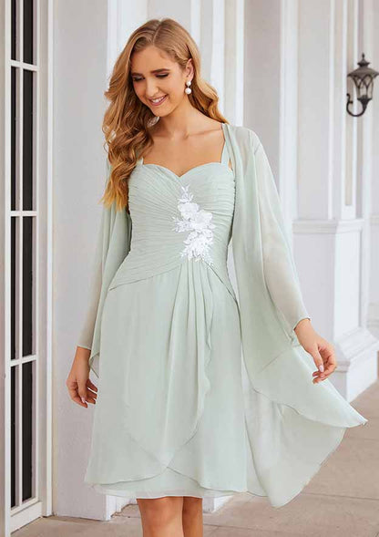 Exquisite Wedding Guest Dresses Mint Green Chiffon A-line Sweetheart Neckline Sleeveless Pleated With Three-Dimensional Flowers Long Sleeves Jacket Two-Piece Knee-Length Hot Sale Mother of the Bride Dress