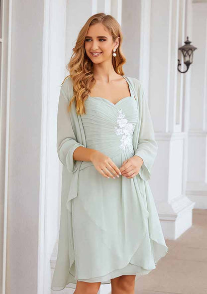 Exquisite Wedding Guest Dresses Mint Green Chiffon A-line Sweetheart Neckline Sleeveless Pleated With Three-Dimensional Flowers Long Sleeves Jacket Two-Piece Knee-Length Hot Sale Mother of the Bride Dress