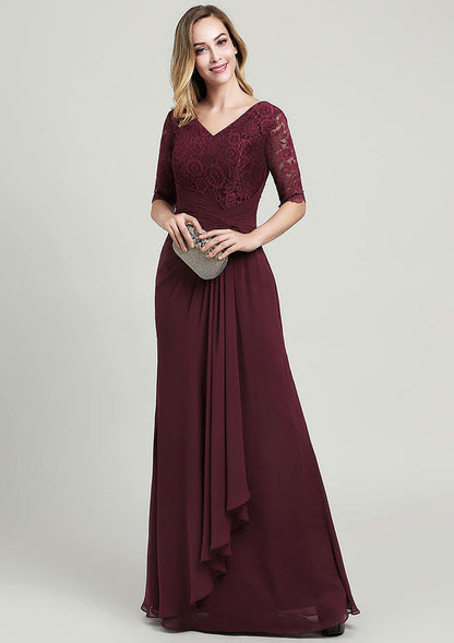 Vintage Elegant Simple Wedding Guest Dresses Burgundy Chiffon Lace A-line V Neck Half Sleeve Pleated With Tiers Ruffles Floor-Length Hot Sale Mother of the Bride Dress